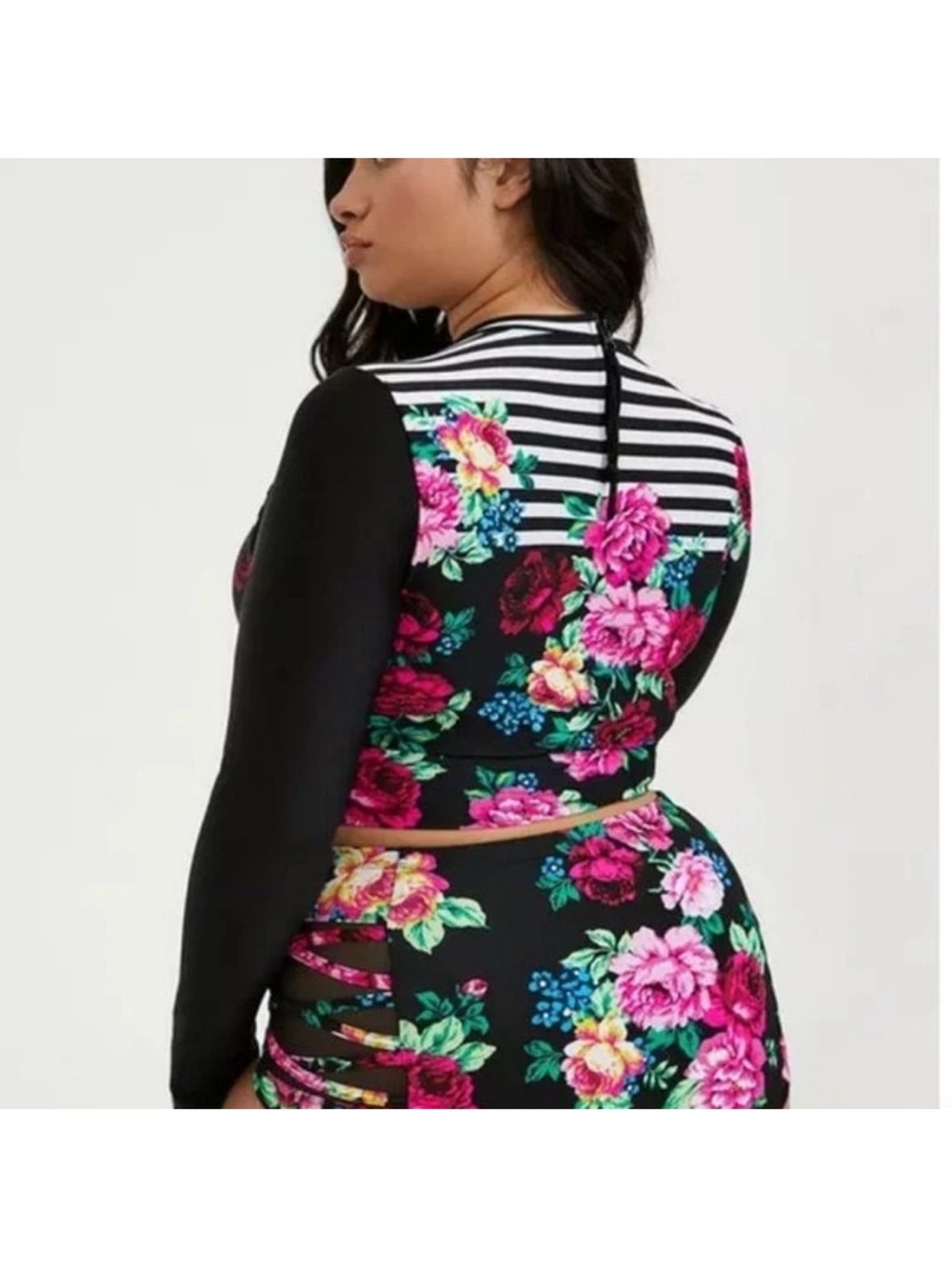 Torrid Black Floral & Stripe Long-Sleeve Swim Top Rash Guard Like New Size 2 2X - Picture 6 of 6